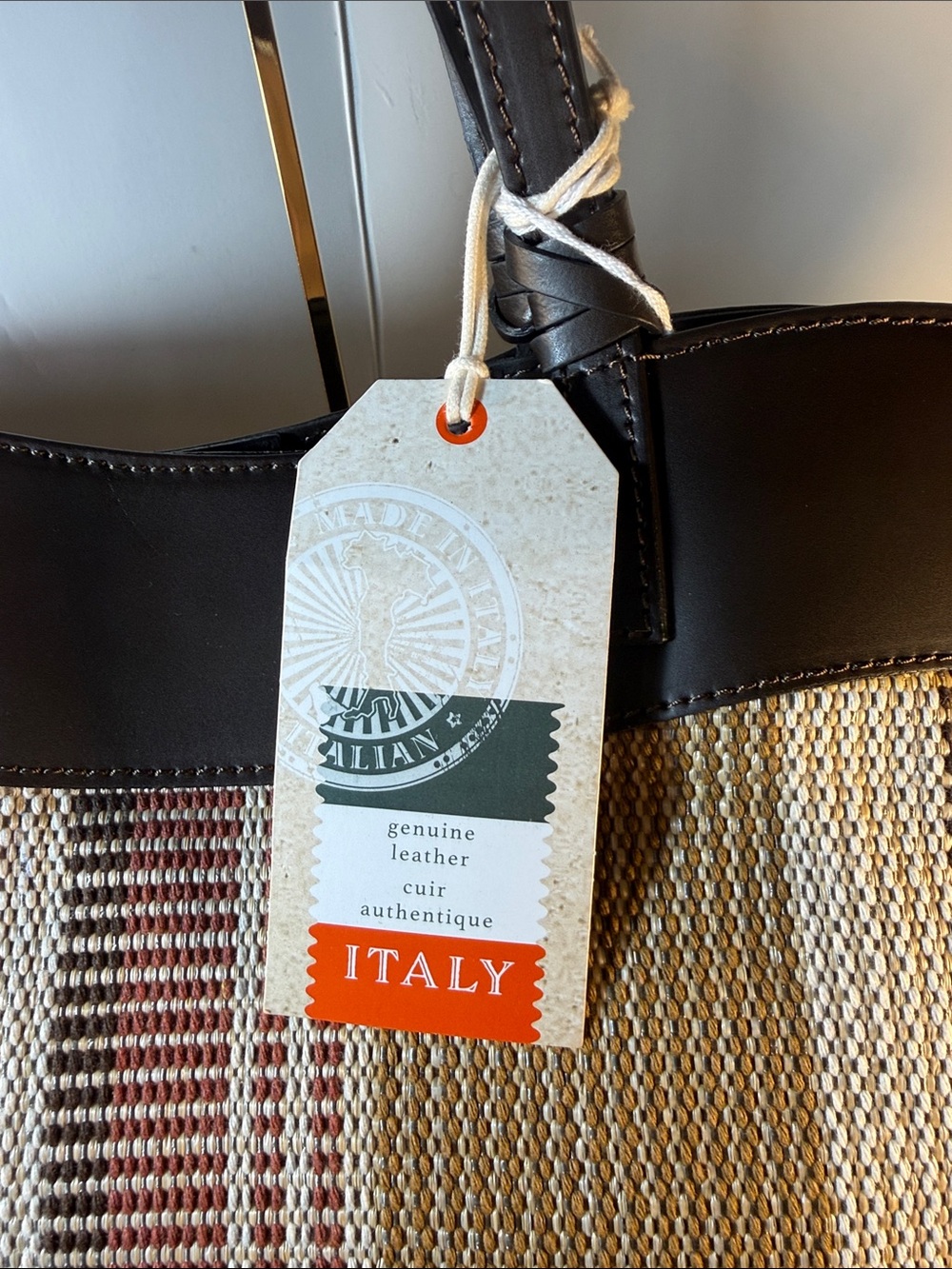 Striped Woven Tote with Dark Brown Leather Trim - Picture 2 of 5
